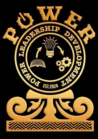 Gold Power Pursuit Leadership Development logo featuring a light bulb, book, and gears inside a circular emblem on ornate pedestal base